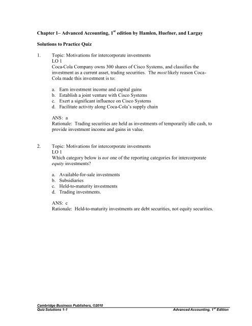 Chapter 1– Advanced Accounting, 1 edition by Hamlen, Huefner ...