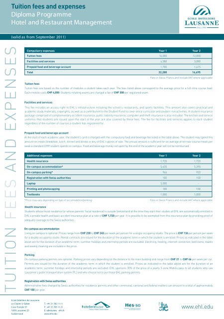 Tuition fees and expenses - Ecole Hôtelière de Lausanne