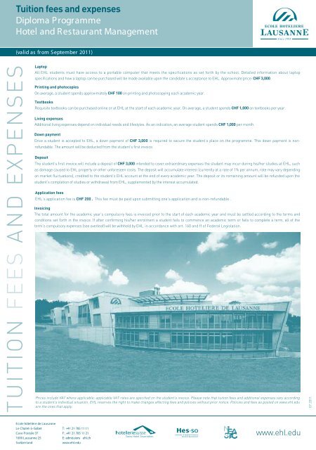 Tuition fees and expenses - Ecole Hôtelière de Lausanne