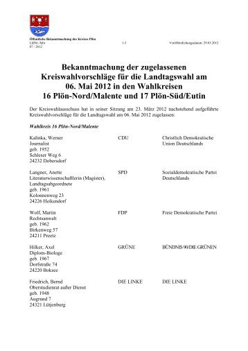 Nr. 7: Bekanntmachung der zugelassenen ... - Kreis Plön