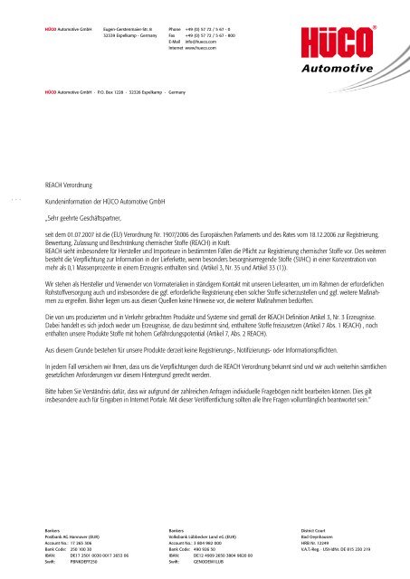 REACH Verordnung Kundeninformation der HÜCO Automotive GmbH