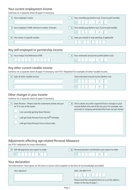 P161 - Age-related Allowance Claim form