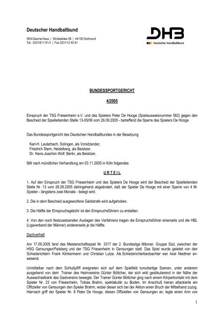 Bundessportgericht - Urteil 4/2005 - Deutscher Handballbund