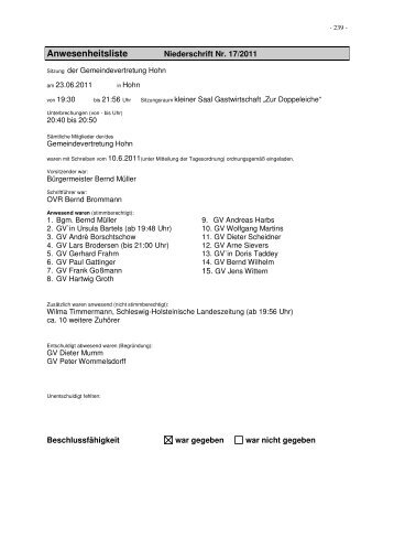 Anwesenheitsliste - Amt Hohner Harde