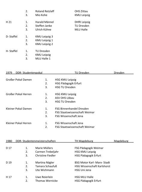 Ergebnisse aller DDR- Studentenmeisterschaften - Sport Geschichte ...