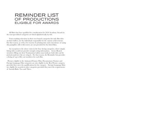 REMINDER LIST - Academy of Motion Picture Arts and Sciences