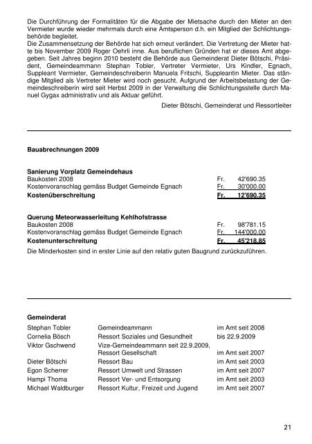 Geschäftsbericht und Rechnung 2009 - in der Gemeinde Egnach