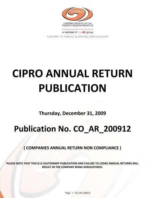 CIPRO ANNUAL RETURN PUBLICATION Thursday, December 31