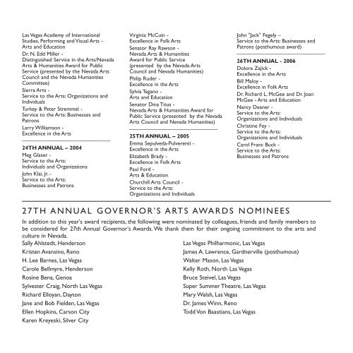 27th Annual Governor's Arts Award - Nevada Arts Council