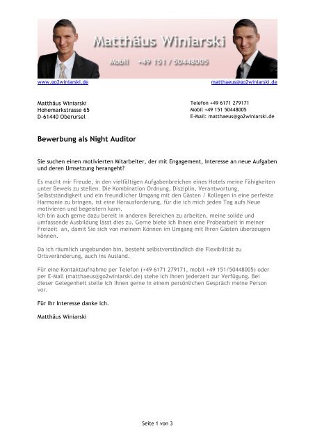 Bewerbung als Night Auditor - Matthäus Winiarski