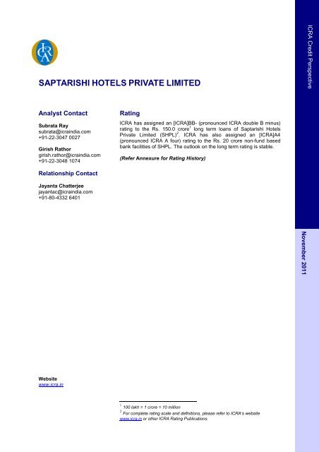 SAPTARISHI HOTELS PRIVATE LIMITED - ICRA