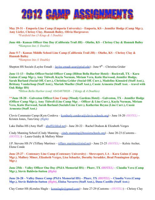 2012 Summer Camp Assignments