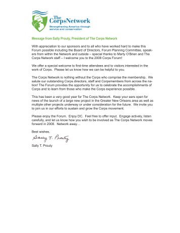 Message from Sally Prouty, President of The Corps Network