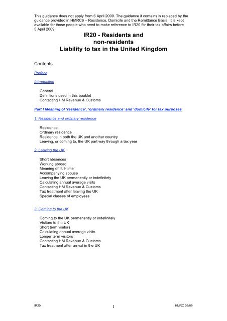 IR20 - Residents and non-residents liability to tax in the United ...