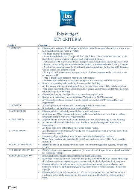 ibis budget KEY CRITERIA - Accor