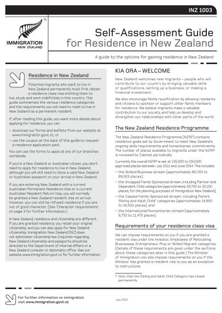 Self Assessment Guide for Residence in New Zealand (INZ 1003)