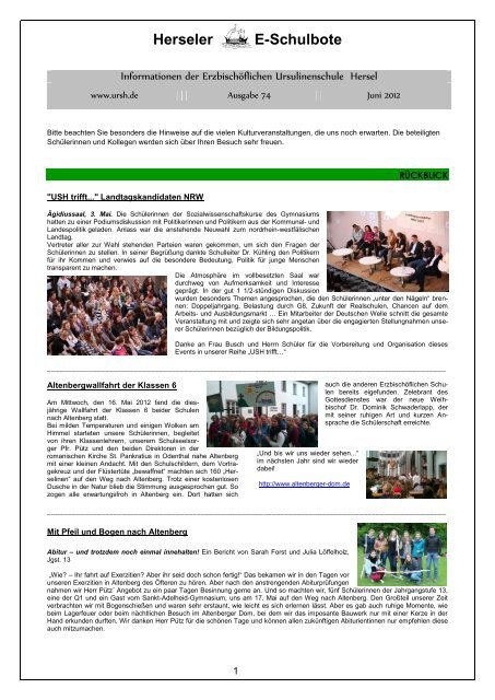 Newsletter Nr. 74 - Erzbischöfliche Ursulinenschule Hersel