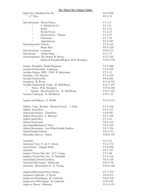 The Music Box Subject Index - The Musical Box Society of Great ...