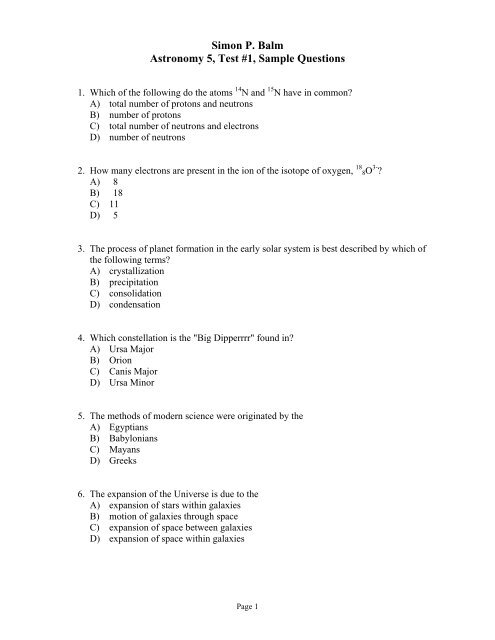 Simon P Balm Astronomy 5 Test 1 Sample Questions