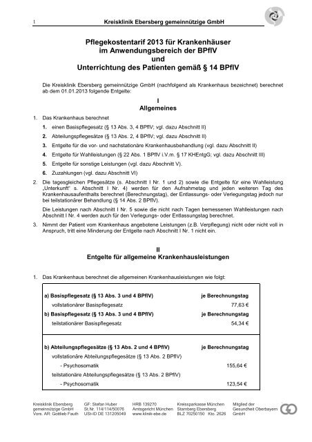 Anlage zu AVB: Pflegesatz-Tarif - Kreisklinik Ebersberg GmbH