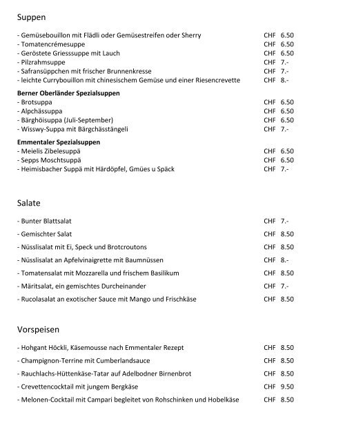 Menüvorschlägen - Engstligenalp