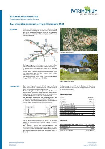 Factsheet Bauprojekt Holderbank / AG - Patrimonium Anlagestiftung
