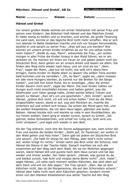 Hänsel Und Gretel Märchen Text Zum Ausdrucken Pin Auf Märchen