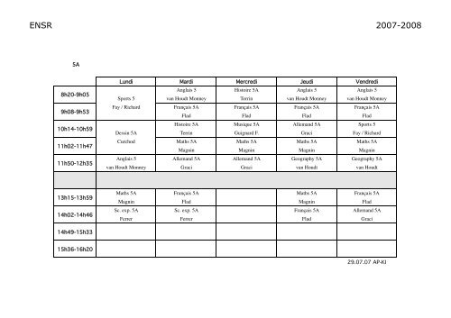 Horaires classes Collège - ENSR