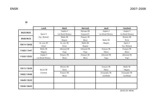 Horaires classes Collège - ENSR