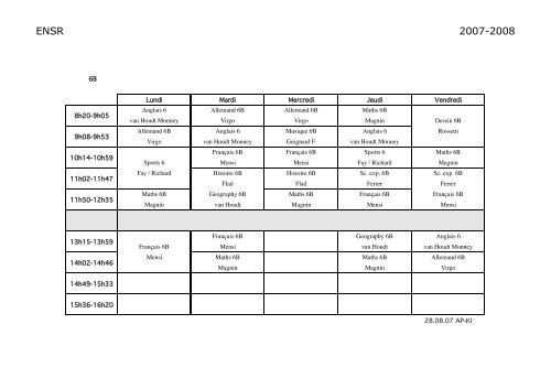 Horaires classes Collège - ENSR