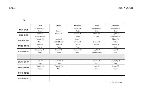 Horaires classes Collège - ENSR