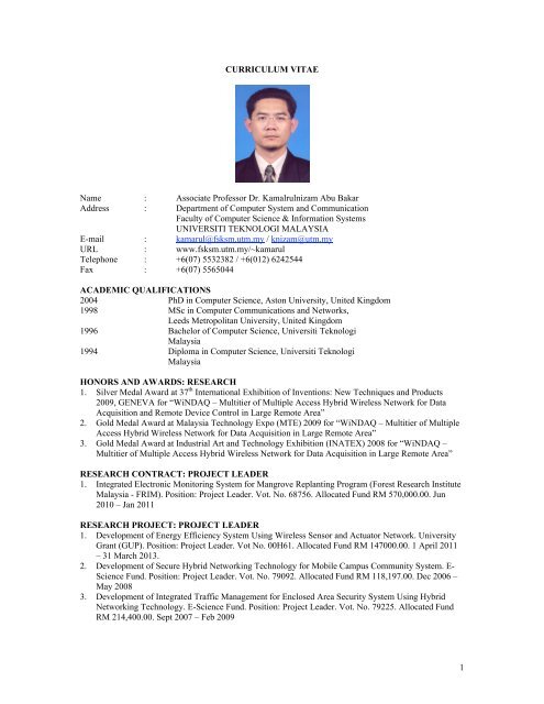 1 CURRICULUM VITAE Name - Department of Computer Systems ...