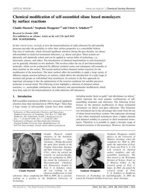 Chemical modification of self-assembled silane based monolayers ...