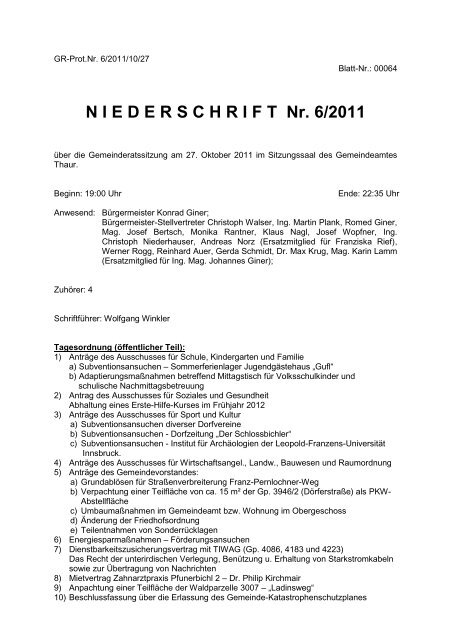 Gemeinderatsprotokoll 27.10.2011 (201 KB) - .PDF - Thaur