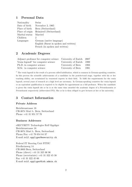 Curriculum Vitae of Rolf Oppliger - esecurity Technologies Rolf ...
