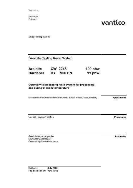 Araldite CW 2248 100 pbw Hardener HY 956 - Lindberg & Lund AS