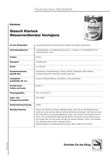 Technisches Merkblatt Glasurit Klarlack Wasserverdünnbar Hochglanz