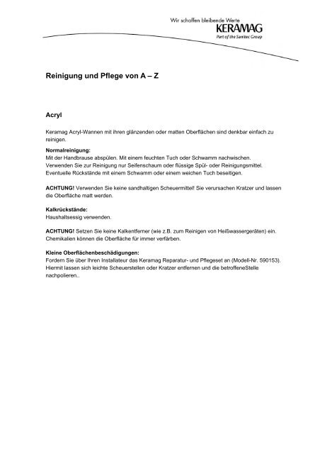 Reinigung und Pflege von A – Z - Keramag AG