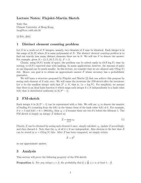 Lecture Notes: Flajolet-Martin Sketch 1 Distinct element counting ...