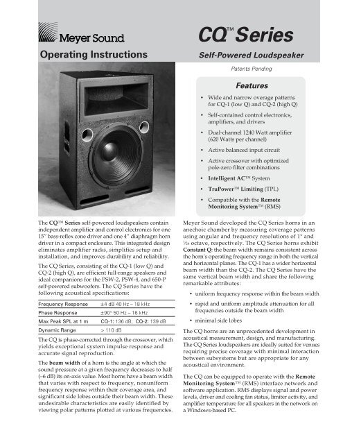 Operating Instructions CQ Series - Meyer Sound Laboratories Inc.