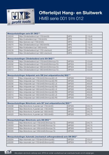 Offertelijst Hang- en Sluitwerk HMB serie 001 t/m 012