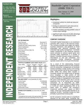 Humboldt Capital Corporation (HMB: TSX-V) - QIS Capital Corporation