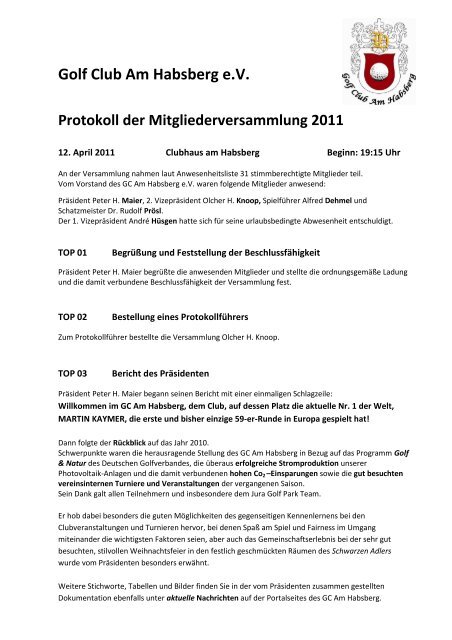 Protokoll der Mitgliederversammlung vom 11.04.2011 - Jura Golf Park