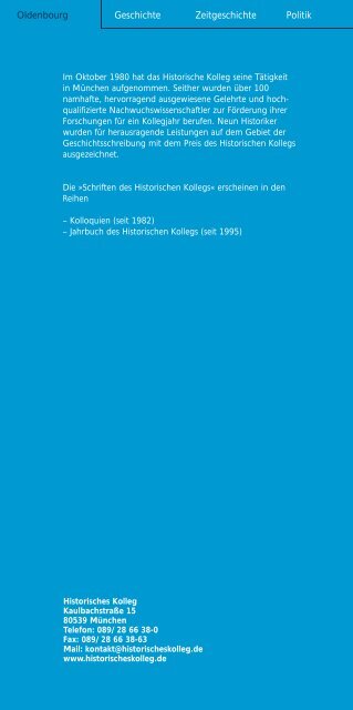 Historisches Kolleg 1980–2007 Die Veröffentlichungen Oldenbourg
