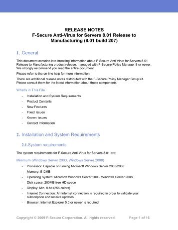 RELEASE NOTES F- Secure Anti- Virus For Servers