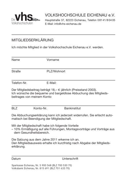 Volkshochschule Eichenau Tel. 08141/80405 Fax ... - VHS Eichenau