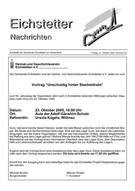 Vortrag “Unschuldig hinter Stacheldraht” Datum: 23. Oktober 2005 ...