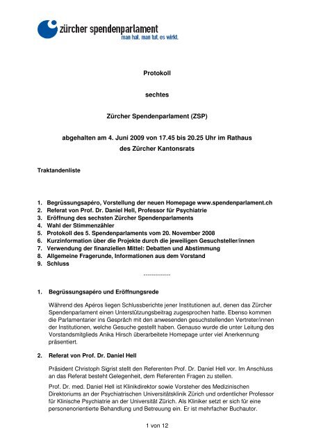 Protokoll sechstes Zürcher Spendenparlament vom 04.06.09