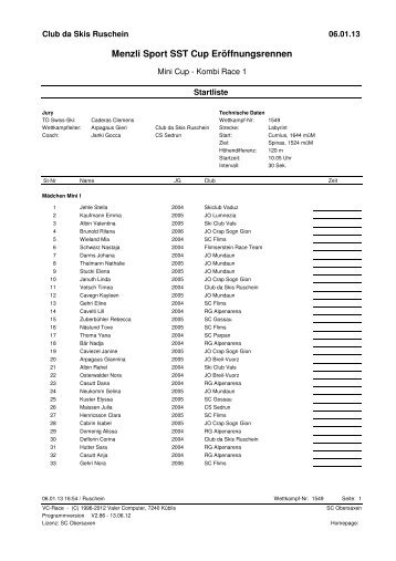 SSV Startliste 1 Lauf JO Reg - Swiss-Ski KWO