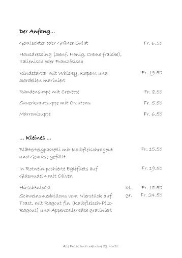 Speisekarte Hirschenstube - Restaurant Hirschen Hohentannen